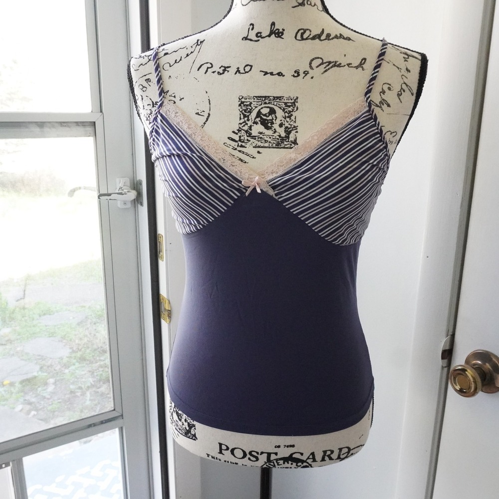 Esprit Womens Navy Blue Striped Lace‎ Trim Camisole Top Size M Adjustable Straps